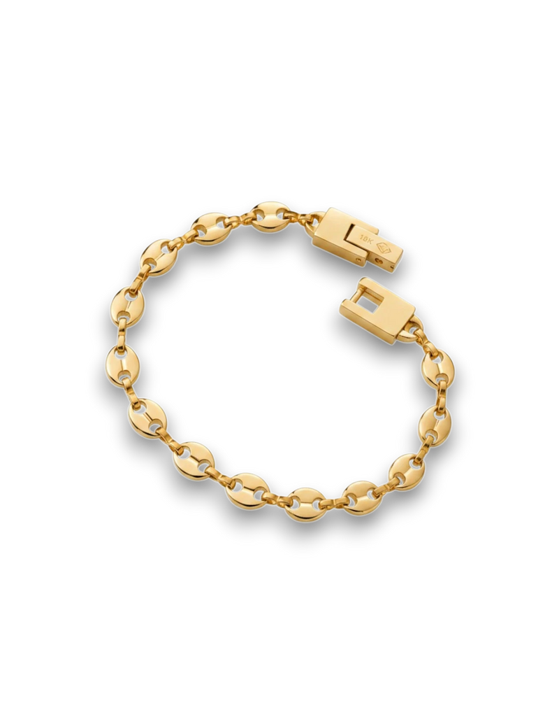 Amaranthus Gold 18k gold plated titanium anchor link bracelet with secure clasp. Water and sweat resistant.