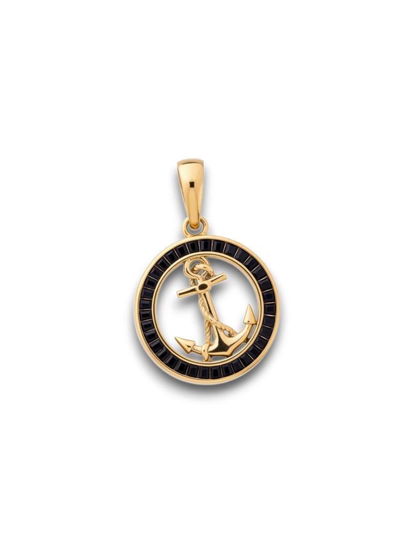 Amaranthus Gold anchor pendant with black gems, 18k gold plated titanium, water-resistant.
