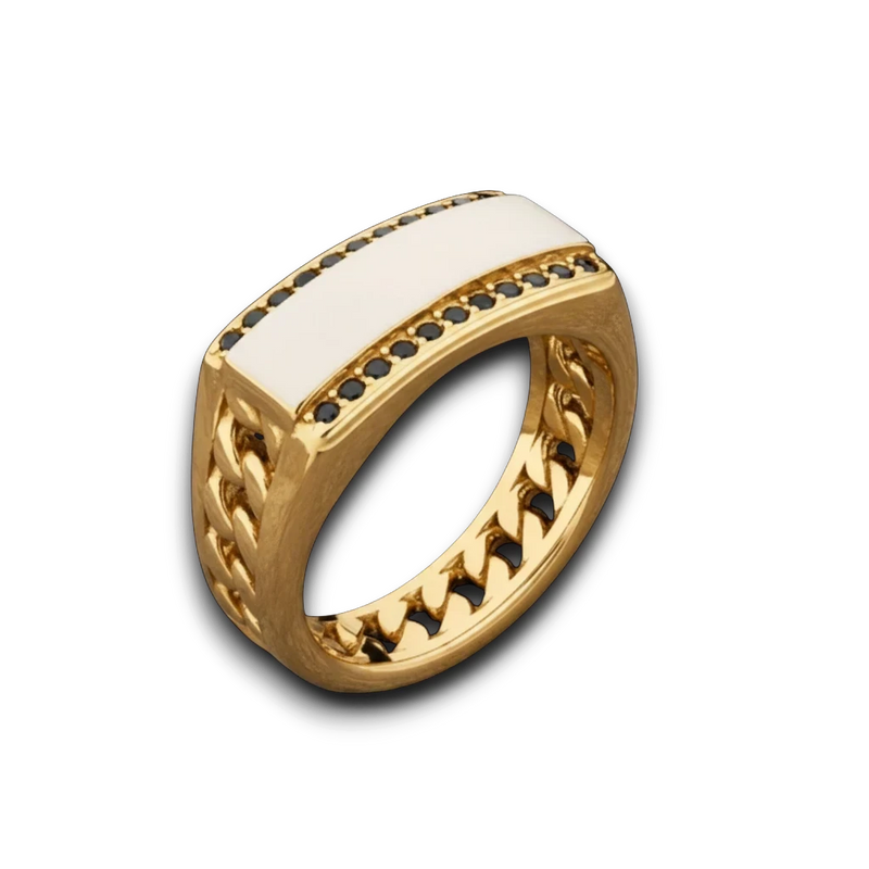 Amaranthus Gold Apolo ring in 18k gold laminate with black stones and chain link design. Water and sweat resistant.