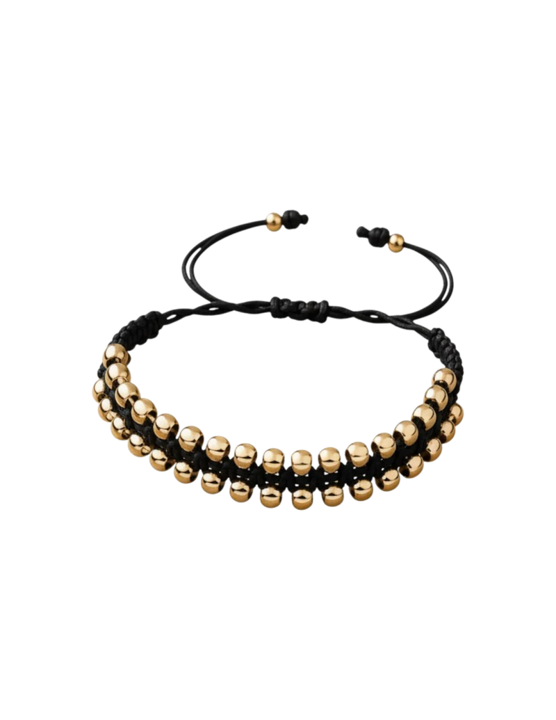 Amaranthus Gold braided black cord bracelet with two rows of 18k gold-plated titanium beads. Adjustable.