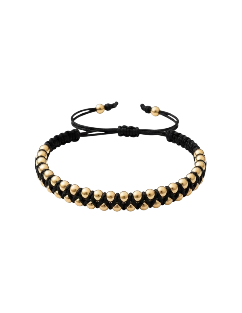 Amaranthus Gold braided bracelet with gold beads and black cord. Adjustable tie closure.
