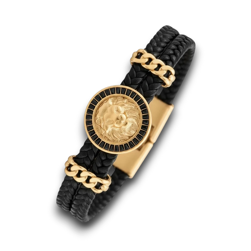 Amaranthus Gold black braided leather bracelet with gold lion head medallion and chain accents. 18k gold plated titanium.