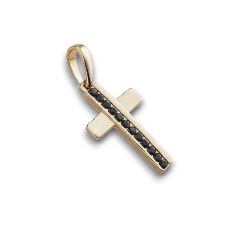 Amaranthus Gold Dije Cruz Celestial pendant, 18k gold plated titanium with black stones. Religious jewelry.