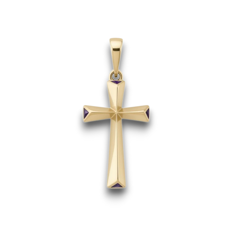 Amaranthus Gold Dije Cruz Deluxe, a polished gold-plated cross pendant with subtle dark accents. Crafted from 18k gold fused in titanium.