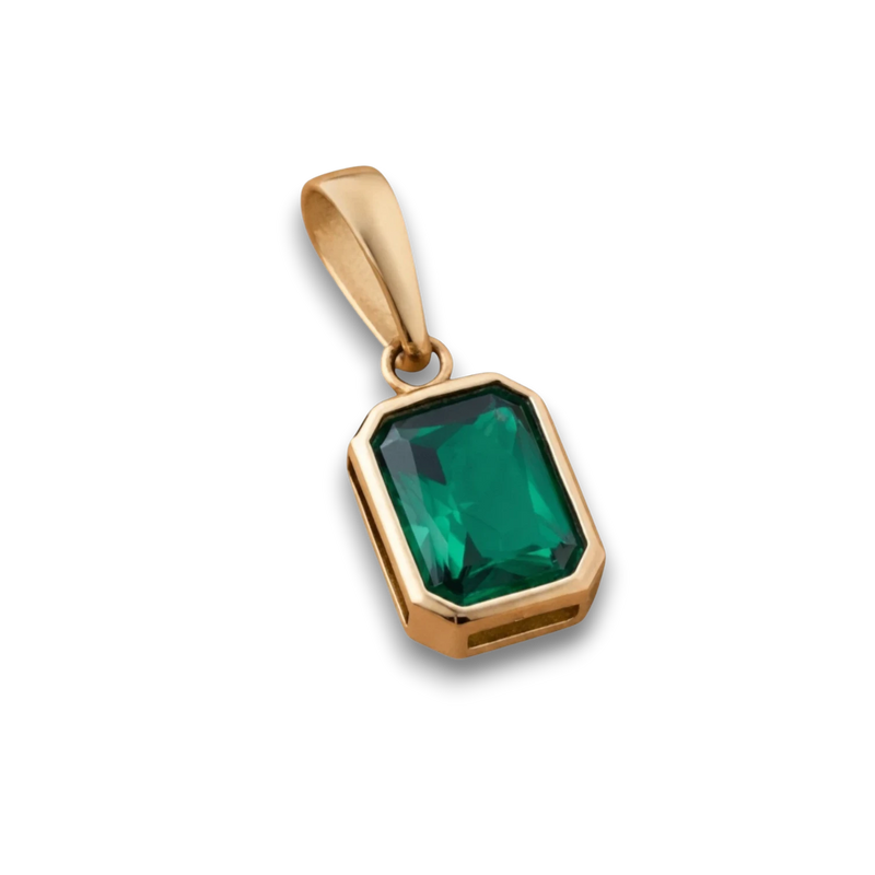 Amaranthus Gold emerald-cut green gemstone pendant in gold-plated titanium. Pendant only, chain not included.