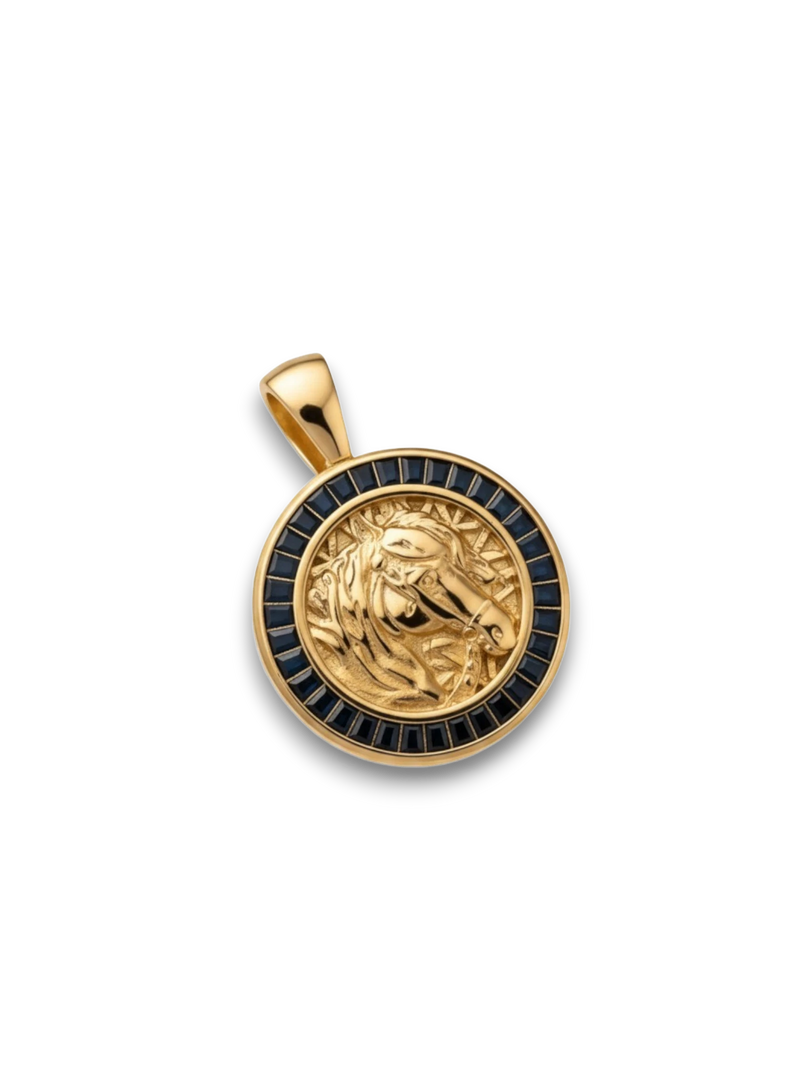 Amaranthus Gold Medalla Equus pendant with horse head relief and black gems, 18k gold over titanium.