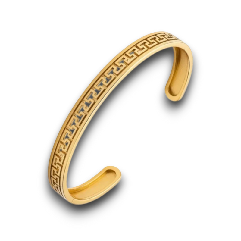 Amaranthus Gold 18k gold-plated titanium cuff bracelet with Greek key pattern. Water and lotion resistant.