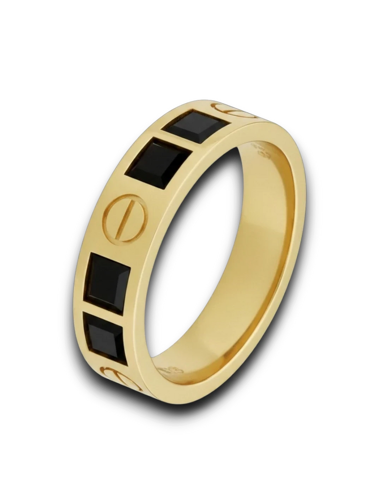 Amaranthus Gold Olimpus ring crafted from 18k gold-plated titanium, featuring a band with square black stones and circular accents.