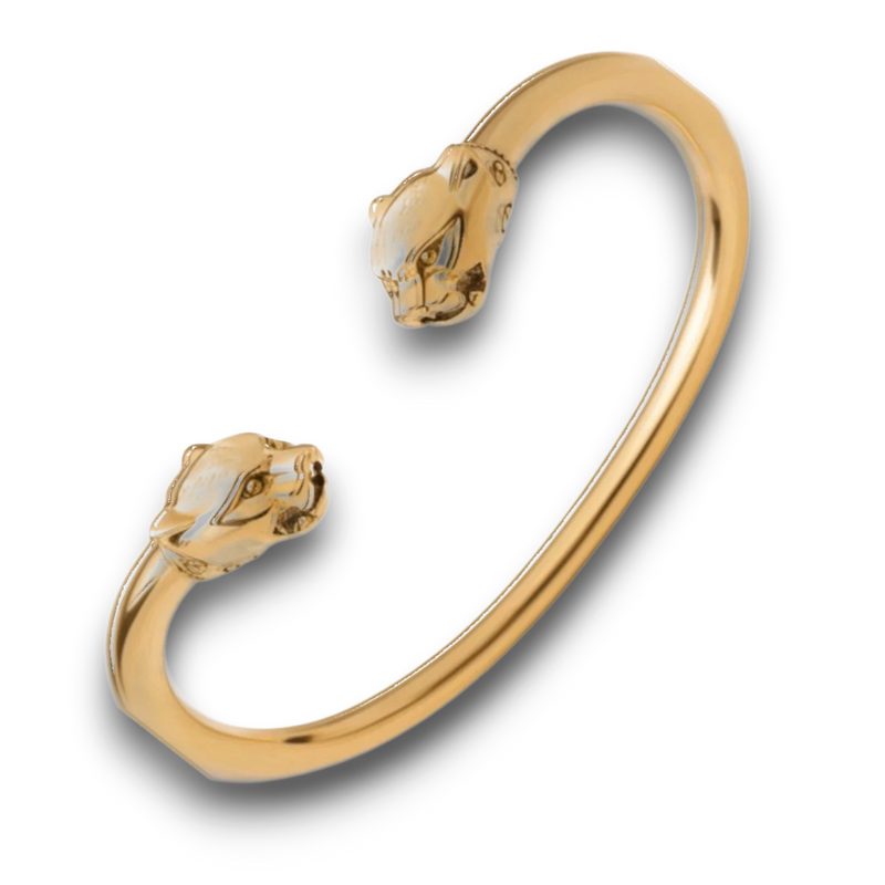 Amaranthus Gold 18k gold-plated titanium cuff bracelet with panther heads. Water and sweat resistant.