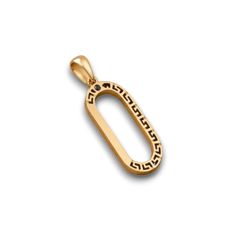 Amaranthus Gold 18k gold plated titanium pendant with Greek key design and black stone accent. Oval shape.