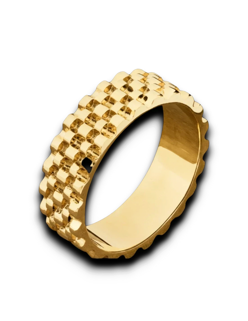 Amaranthus Gold Titan ring in 18k gold-plated titanium with a textured checkerboard pattern. Water and sweat resistant.