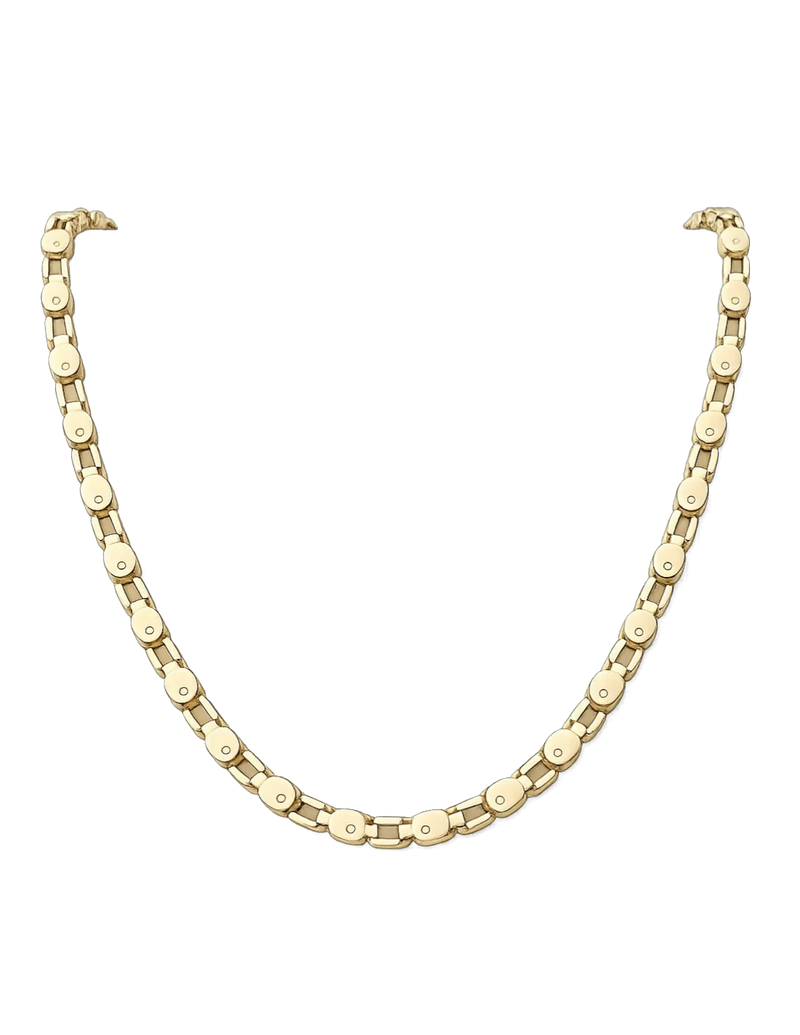 Amaranthus Gold 18k gold plated titanium chain necklace with a unique link design and secure clasp. Water and lotion resistant.