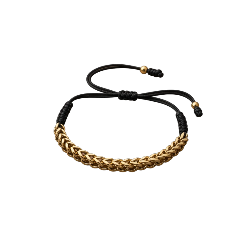 Amaranthus Gold woven 18k gold plated titanium bracelet with black cord and adjustable closure.