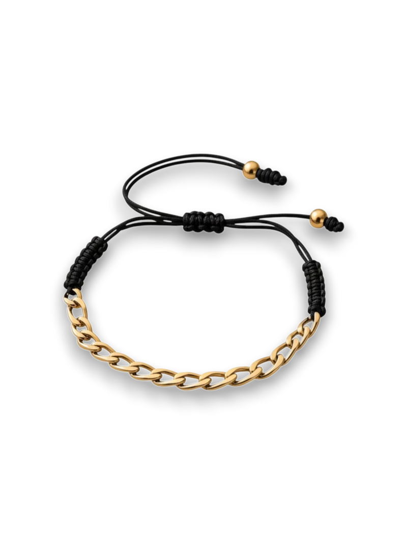 Amaranthus Gold woven bracelet with 18k gold-plated titanium chain and black cord. Adjustable.