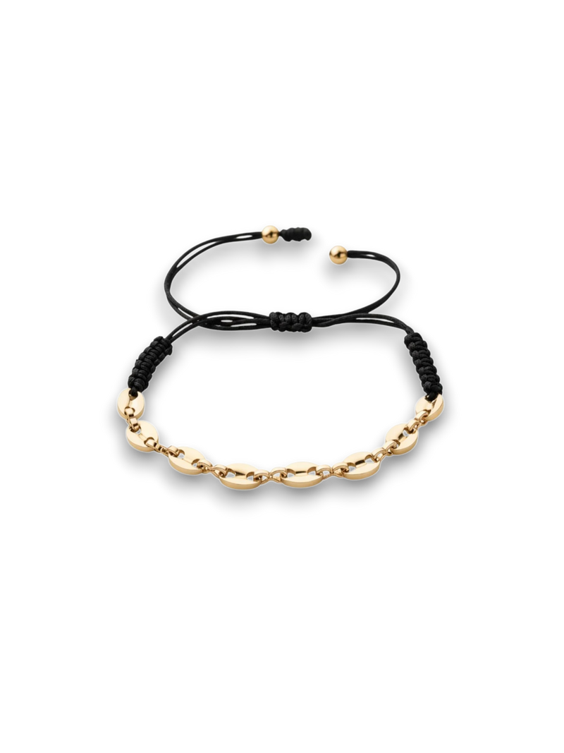 Amaranthus Gold woven bracelet with gold-plated oval links and black cord. Adjustable tie closure with gold beads.