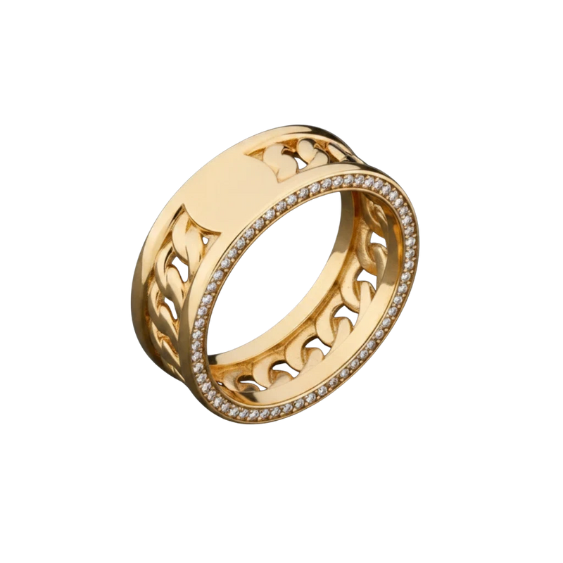 Amaranthus Gold Zeus ring in 18k gold plated metal with intricate chain link design and small diamonds.