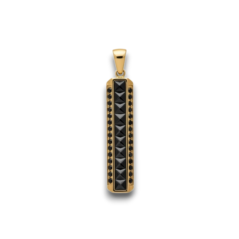 Amaranthus Gold bar pendant with black pyramid-cut stones and surrounding black accent stones, gold-laminated titanium.