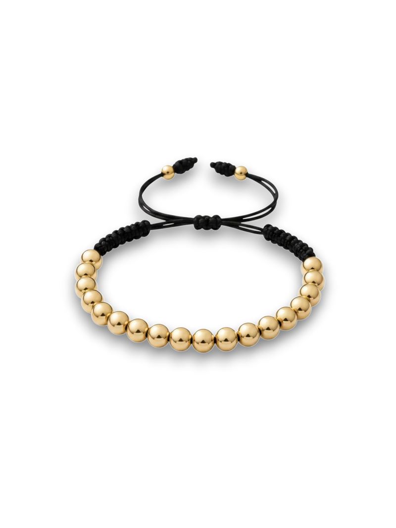 Amaranthus Gold 18k gold plated titanium beaded bracelet with adjustable black cord.