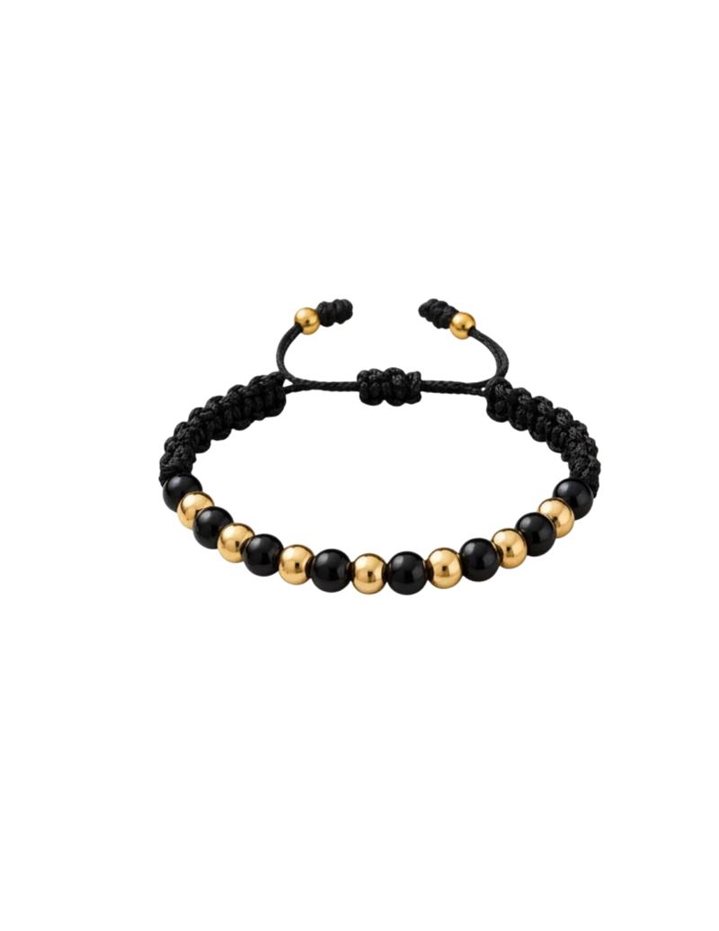 Amaranthus Gold black beaded bracelet with gold accent beads, adjustable braided cord, 18k gold over titanium.
