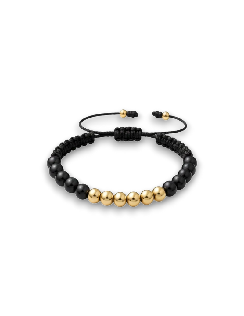 Amaranthus Gold black beaded bracelet with central gold beads and adjustable tie closure. 18k gold plated titanium.