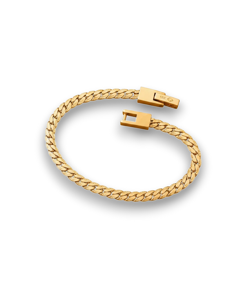 Amaranthus Gold 18k gold plated titanium bracelet with engraved links and secure clasp.