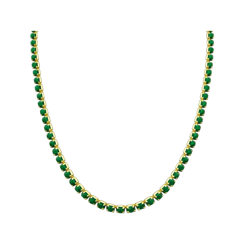 Amaranthus Gold tennis necklace with green stones and gold clasp, made of 18k gold-plated titanium.